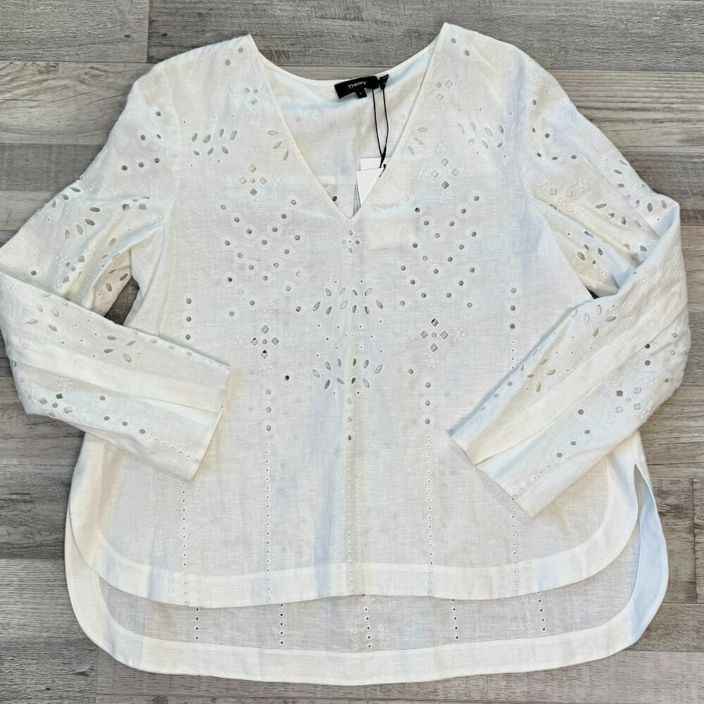 Theory NWT 100% Linen White Eyelet Lace Blouse R43